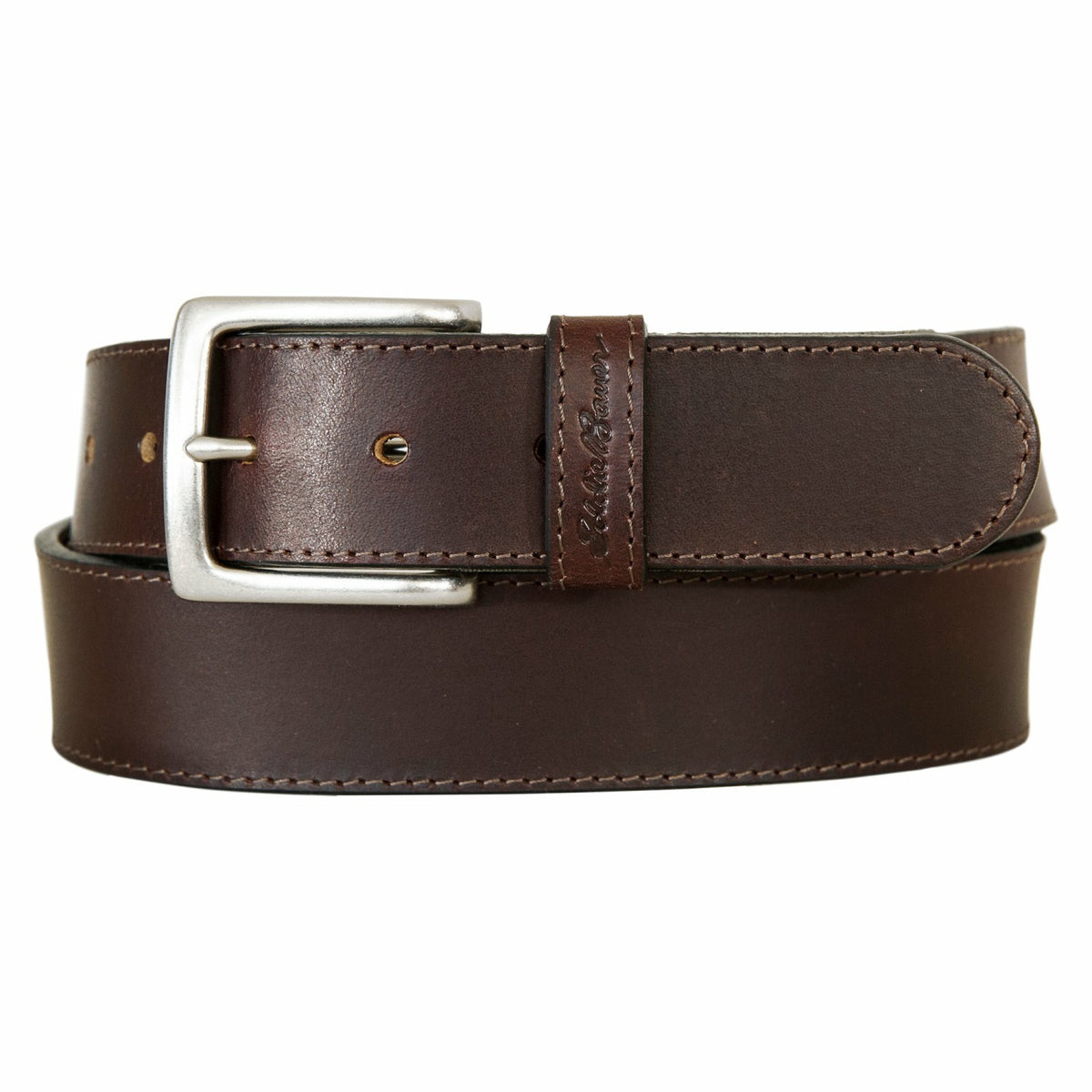 Eddie Bauer Men's Rugged Leather Belt with Stretch Tab and Sasquatch Design