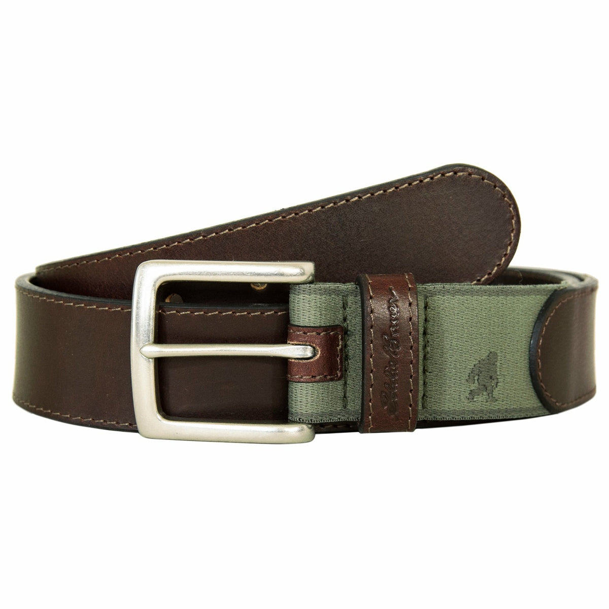Eddie Bauer Men's Rugged Leather Belt with Stretch Tab and Sasquatch Design