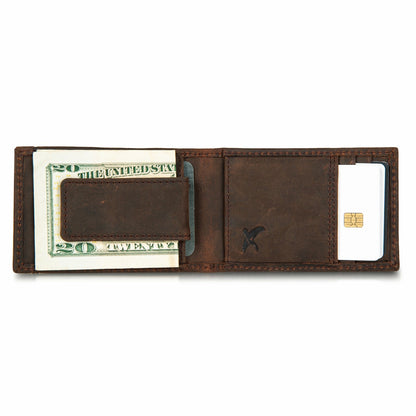 Eddie Bauer Money Clip Bifold Leather Wallet with Embossed Sasquatch