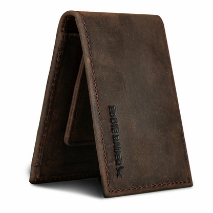 Eddie Bauer Money Clip Bifold Leather Wallet with Embossed Sasquatch