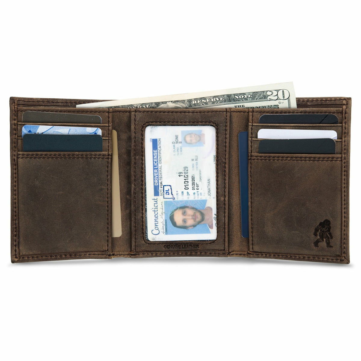 Eddie Bauer Leather Trifold Wallet with Embossed Sasquatch