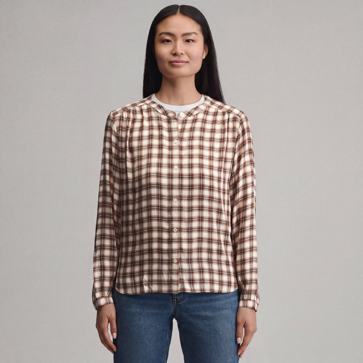 Eddie Bauer Women's Long-Sleeve Collarless Drapey Plaid Button-Down Shirt