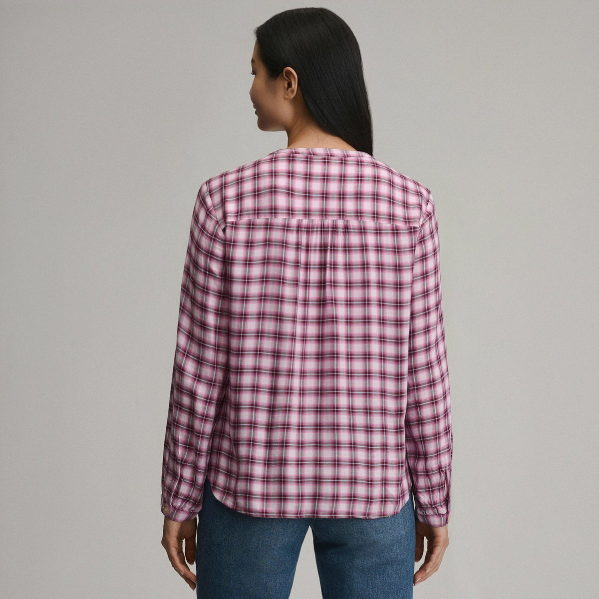 Eddie Bauer Women's Long-Sleeve Collarless Drapey Plaid Button-Down Shirt