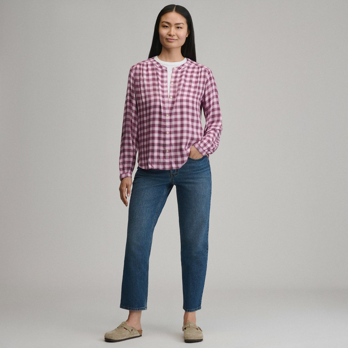Eddie Bauer Women's Long-Sleeve Collarless Drapey Plaid Button-Down Shirt
