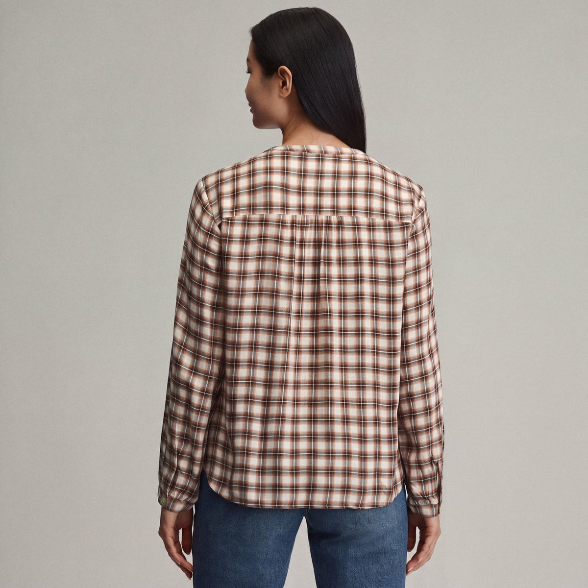 Eddie Bauer Women's Long-Sleeve Collarless Drapey Plaid Button-Down Shirt