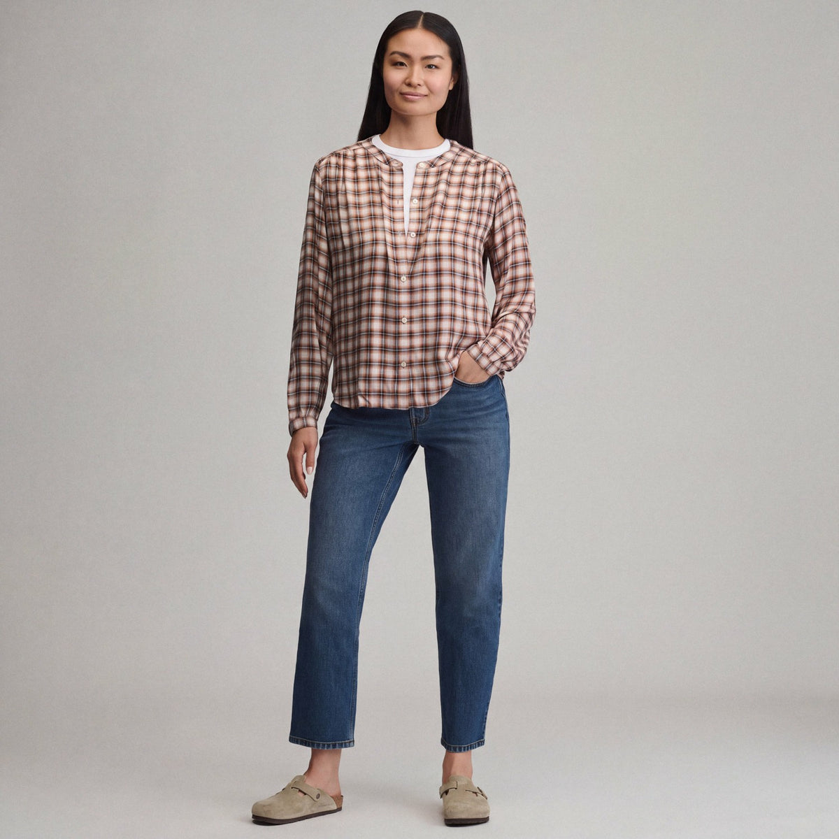 Eddie Bauer Women's Long-Sleeve Collarless Drapey Plaid Button-Down Shirt