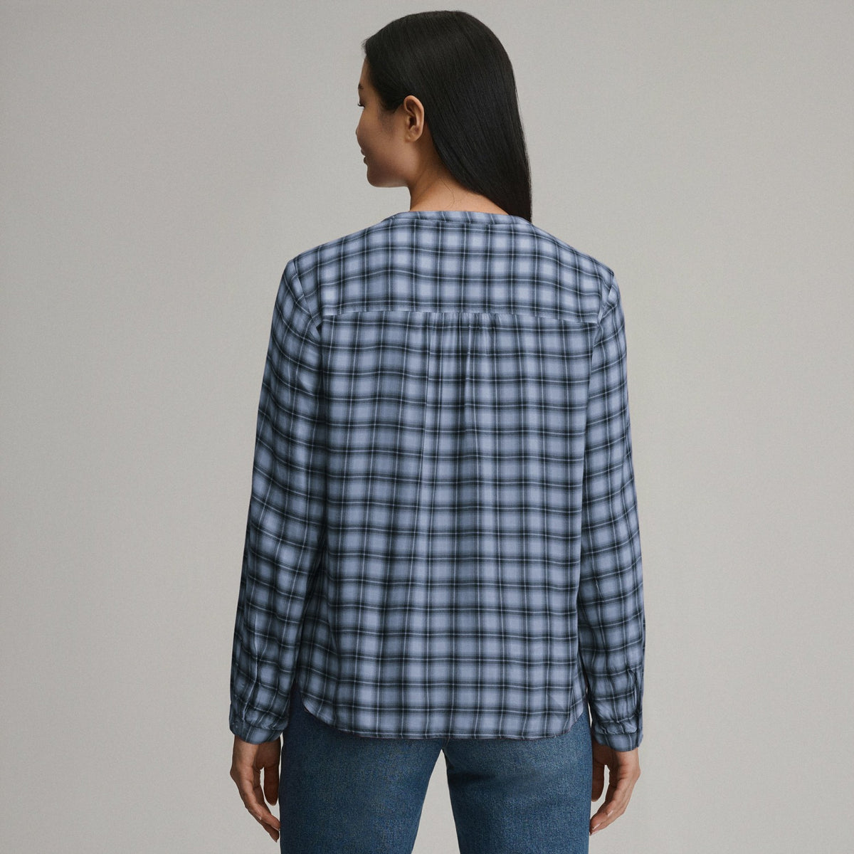 Eddie Bauer Women's Long-Sleeve Collarless Drapey Plaid Button-Down Shirt