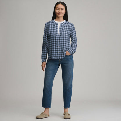 Eddie Bauer Women's Long-Sleeve Collarless Drapey Plaid Button-Down Shirt