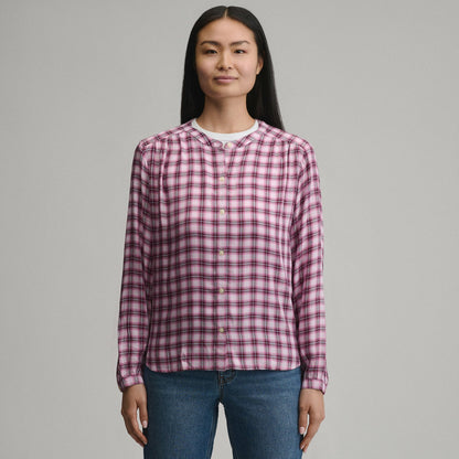 Eddie Bauer Women's Long-Sleeve Collarless Drapey Plaid Button-Down Shirt