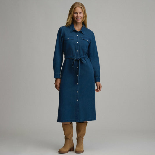 Eddie Bauer Women's Long-Sleeve Denim Button Front Belted Midi Dress