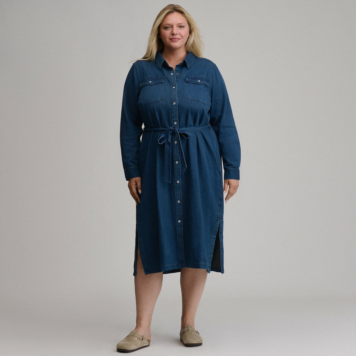Eddie Bauer Women's Long-Sleeve Denim Button Front Belted Midi Dress