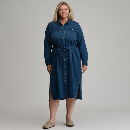 Eddie Bauer Women's Long-Sleeve Denim Button Front Belted Midi Dress