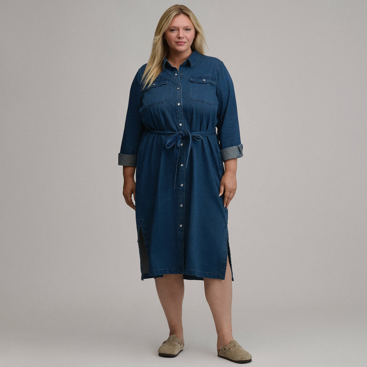 Eddie Bauer Women's Long-Sleeve Denim Button Front Belted Midi Dress