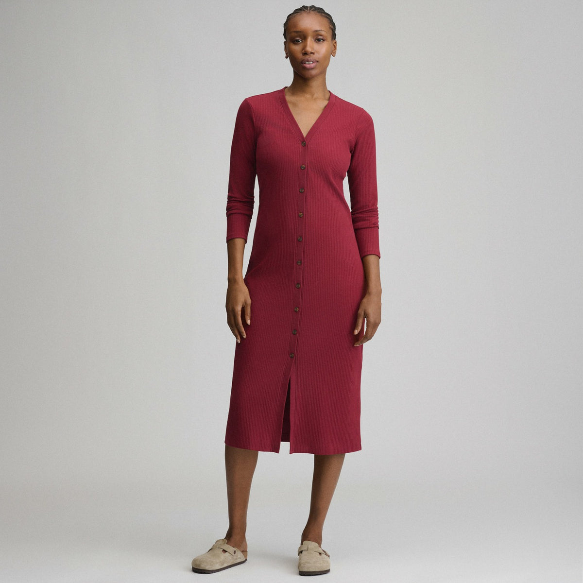 Eddie Bauer Women's Long-Sleeve Button Front Ribbed Knit Midi Dress