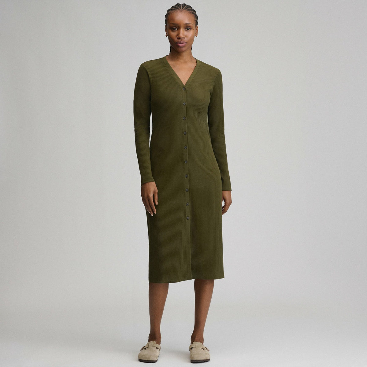 Eddie Bauer Women's Long-Sleeve Button Front Ribbed Knit Midi Dress