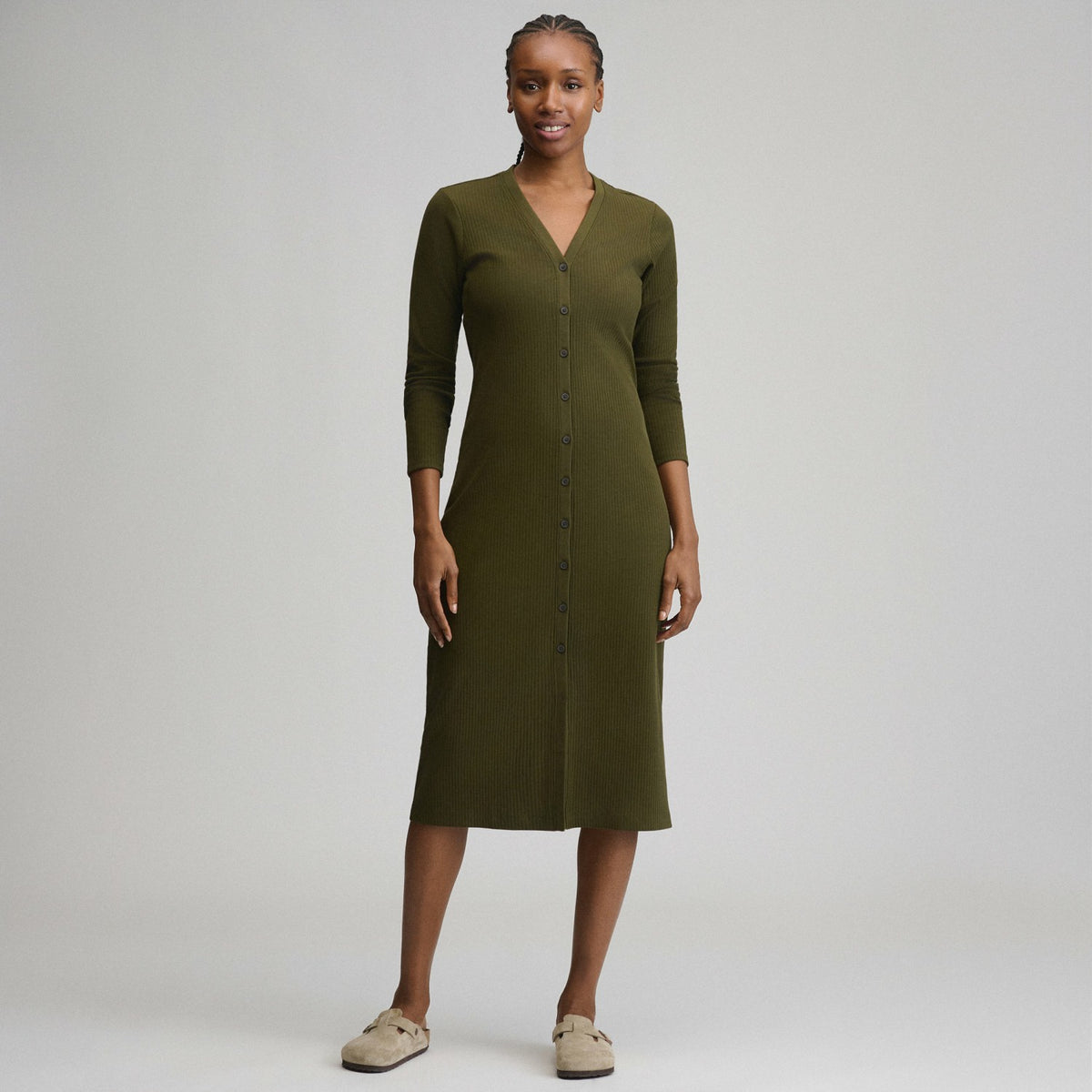 Eddie Bauer Women's Long-Sleeve Button Front Ribbed Knit Midi Dress
