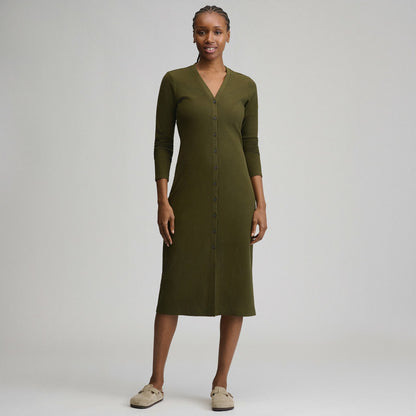 Eddie Bauer Women's Long-Sleeve Button Front Ribbed Knit Midi Dress