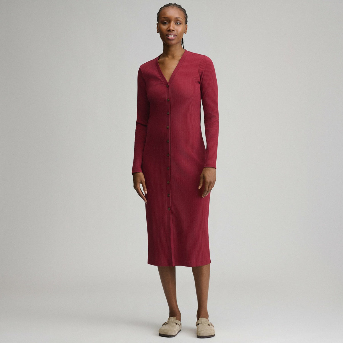 Eddie Bauer Women's Long-Sleeve Button Front Ribbed Knit Midi Dress