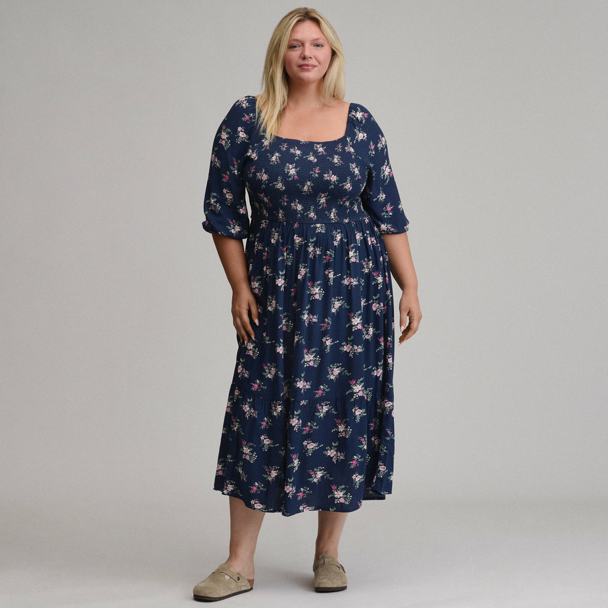 Eddie Bauer Women's Printed 3/4 Sleeve Smocked Bodice Dress