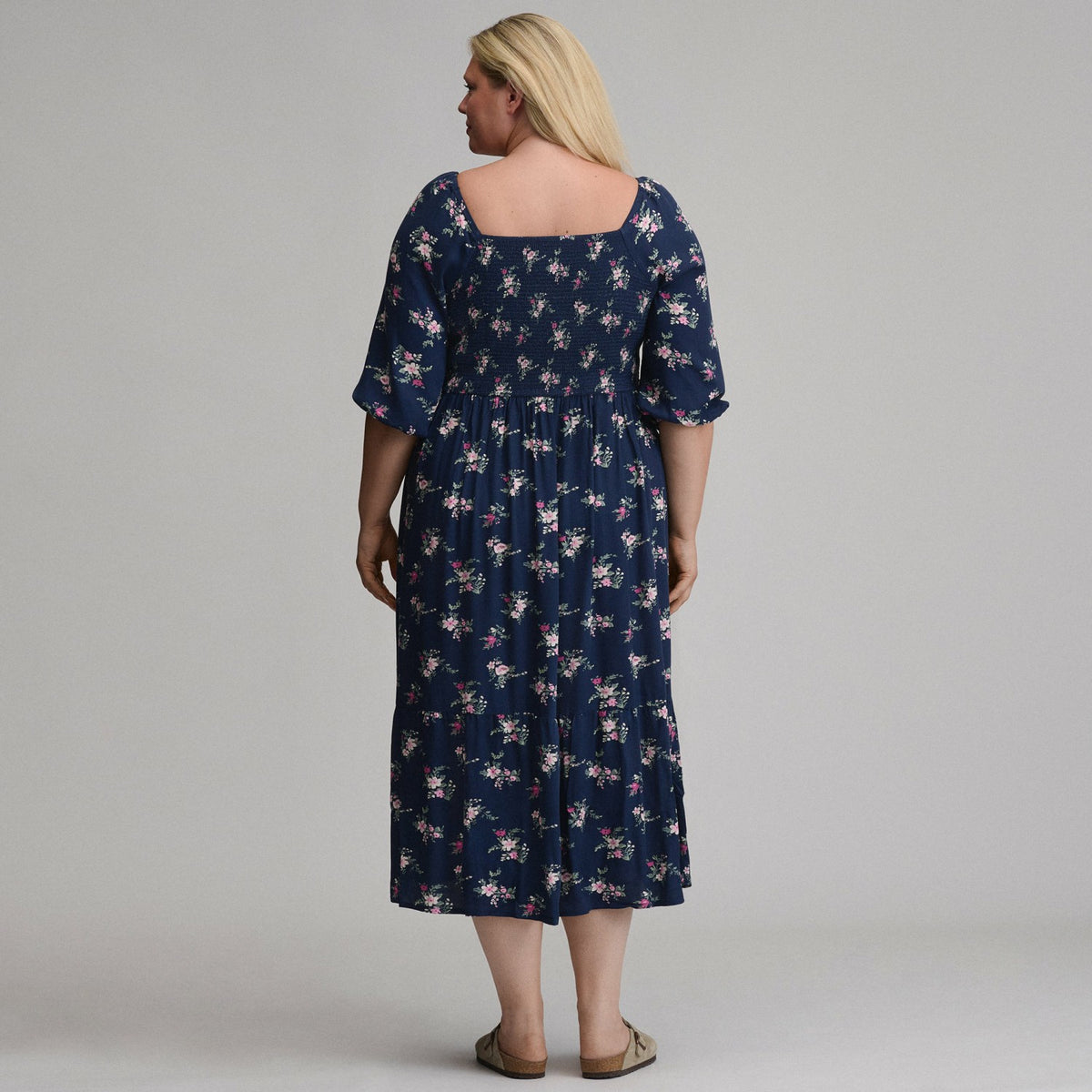 Eddie Bauer Women's Printed 3/4 Sleeve Smocked Bodice Dress