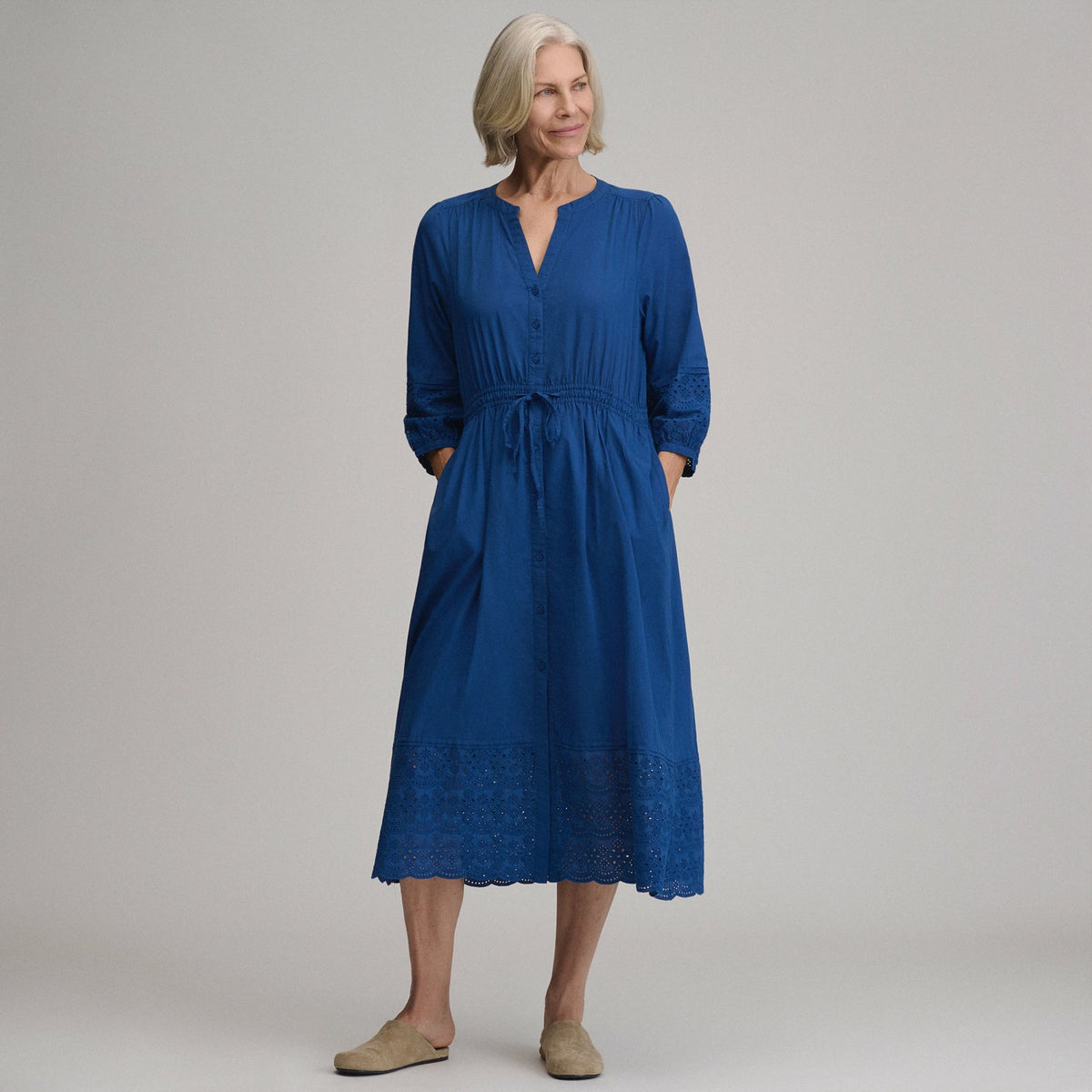 Eddie Bauer Women's 3/4 Sleeve Eyelet Button Front Belted Dress