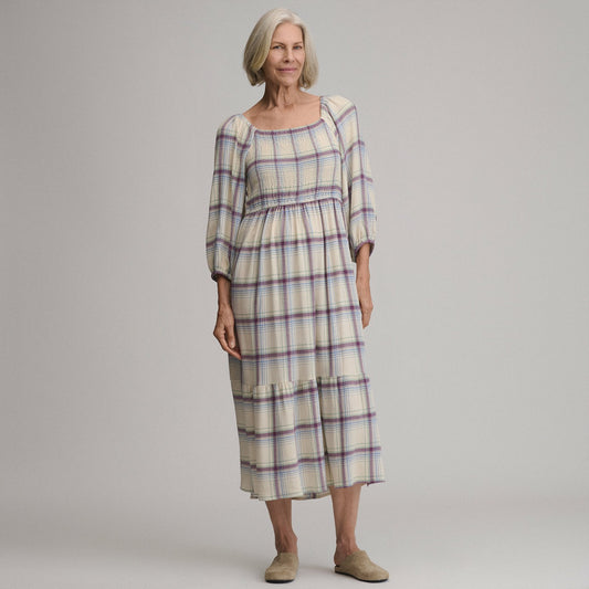 Eddie Bauer Women's Plaid 3/4 Sleeve Smocked Bodice Dress