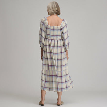 Eddie Bauer Women's Plaid 3/4 Sleeve Smocked Bodice Dress