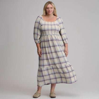 Eddie Bauer Women's Plaid 3/4 Sleeve Smocked Bodice Dress