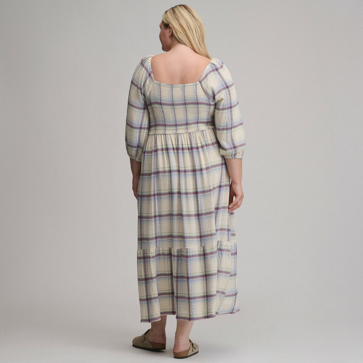 Eddie Bauer Women's Plaid 3/4 Sleeve Smocked Bodice Dress