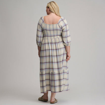 Eddie Bauer Women's Plaid 3/4 Sleeve Smocked Bodice Dress