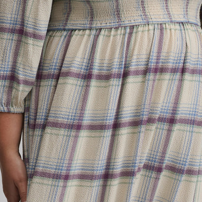 Eddie Bauer Women's Plaid 3/4 Sleeve Smocked Bodice Dress