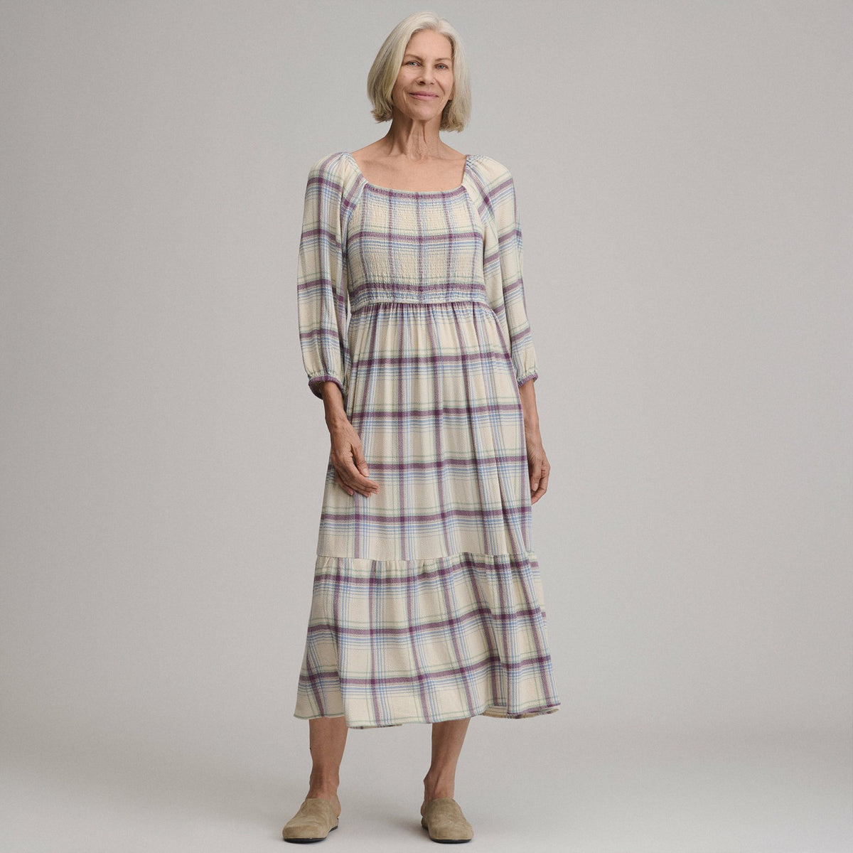Eddie Bauer Women's Plaid 3/4 Sleeve Smocked Bodice Dress