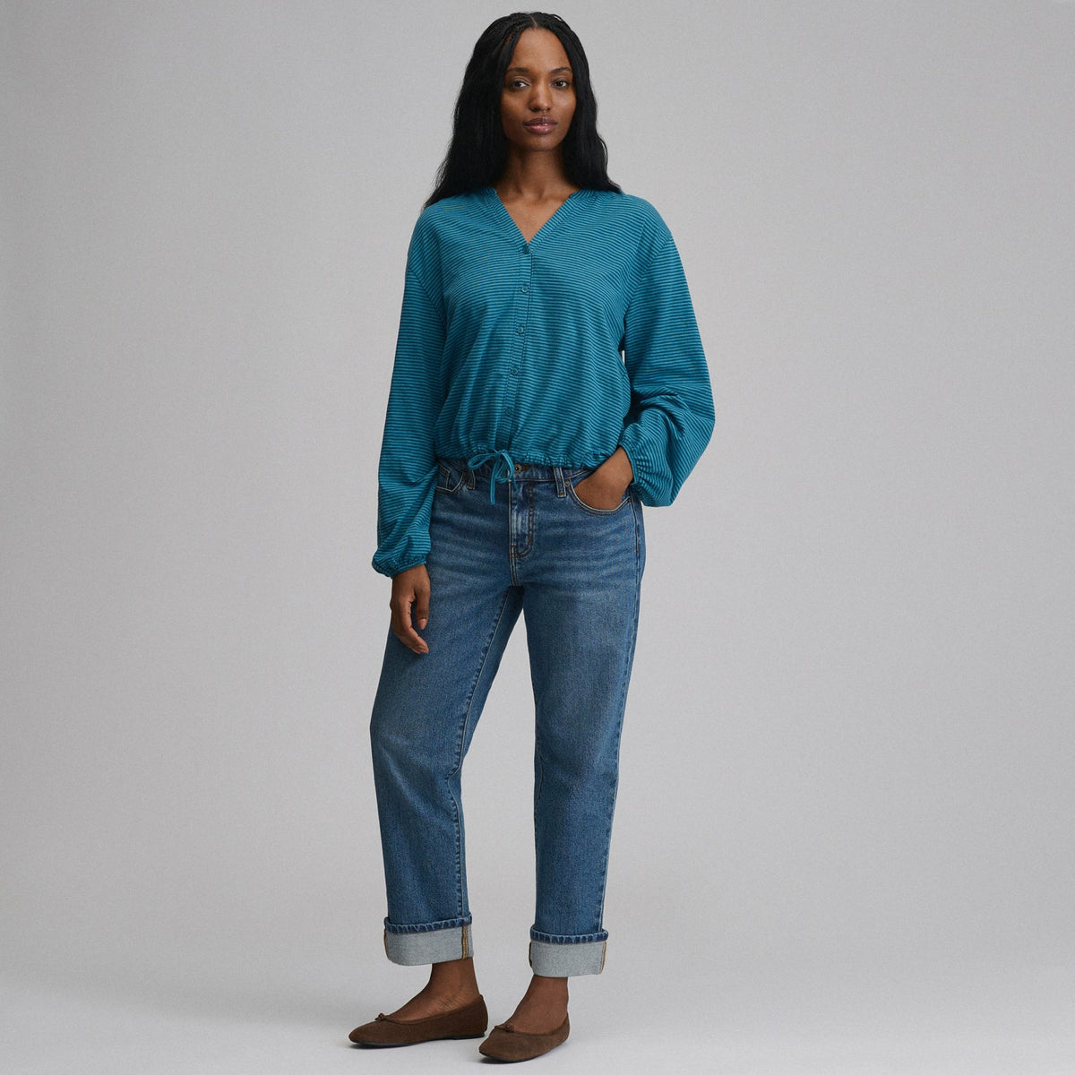 Eddie Bauer Women's Long-Sleeve Button Front Drawstring Hem Top