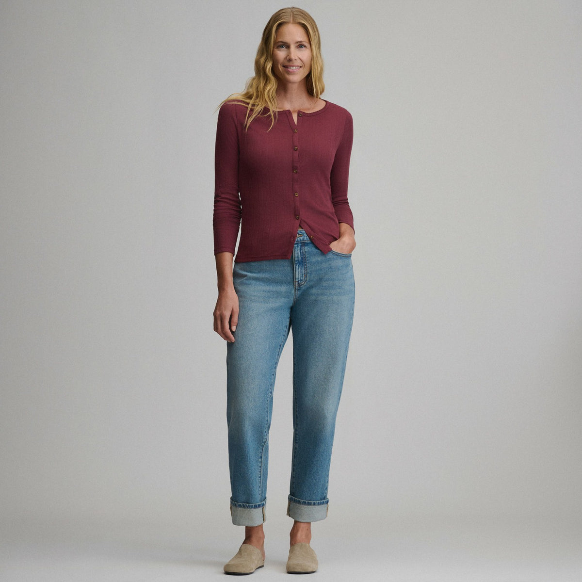 Eddie Bauer Women's Long-Sleeve Pointelle Button Front Top
