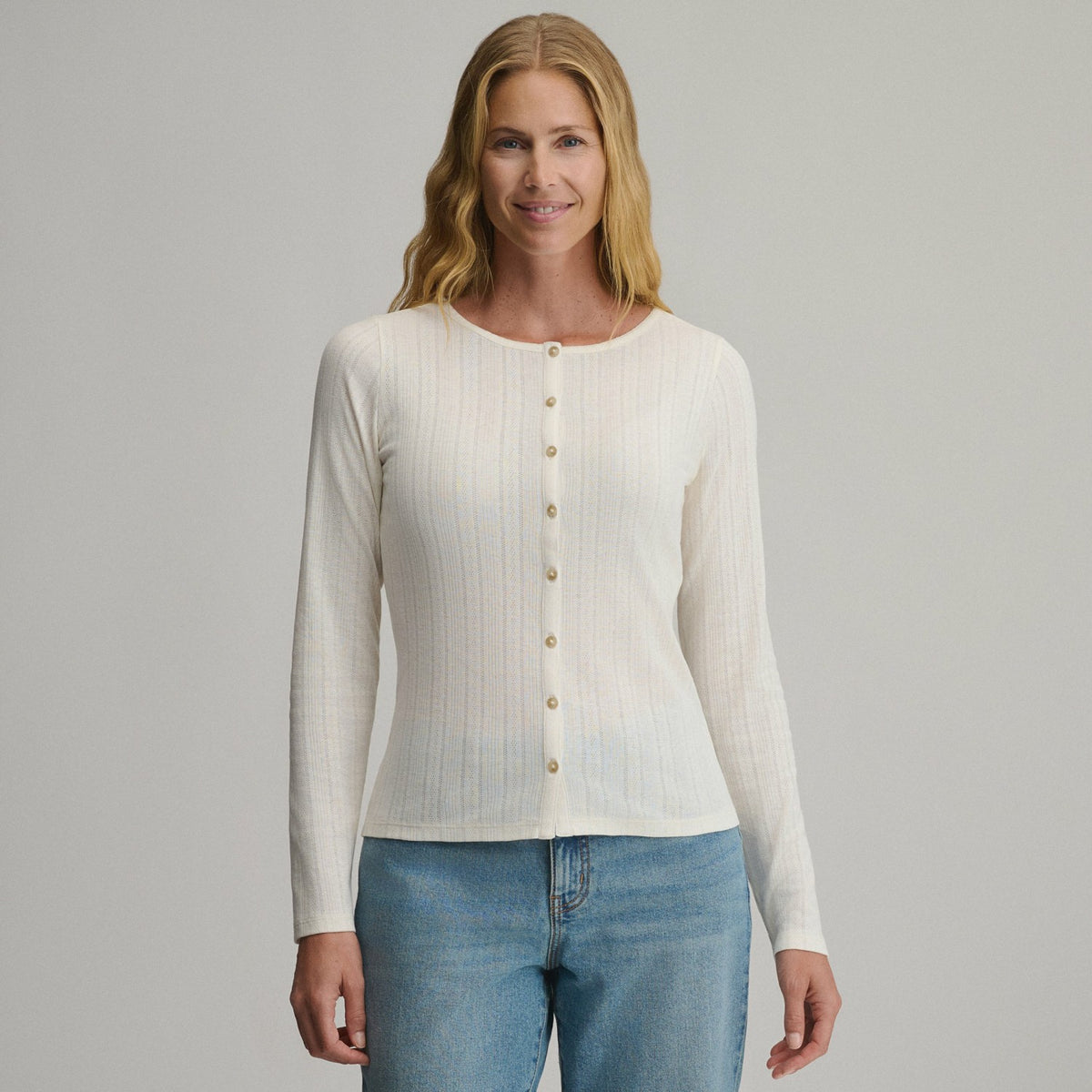 Eddie Bauer Women's Long-Sleeve Pointelle Button Front Top